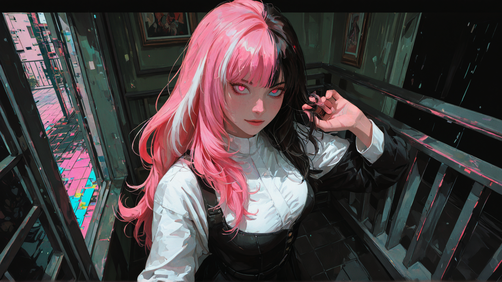 AI generated wallpaper featuring girl, woman, hair, dress, balcony, painting