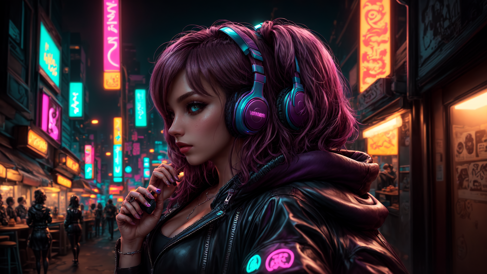 AI generated wallpaper featuring woman, headphones, city