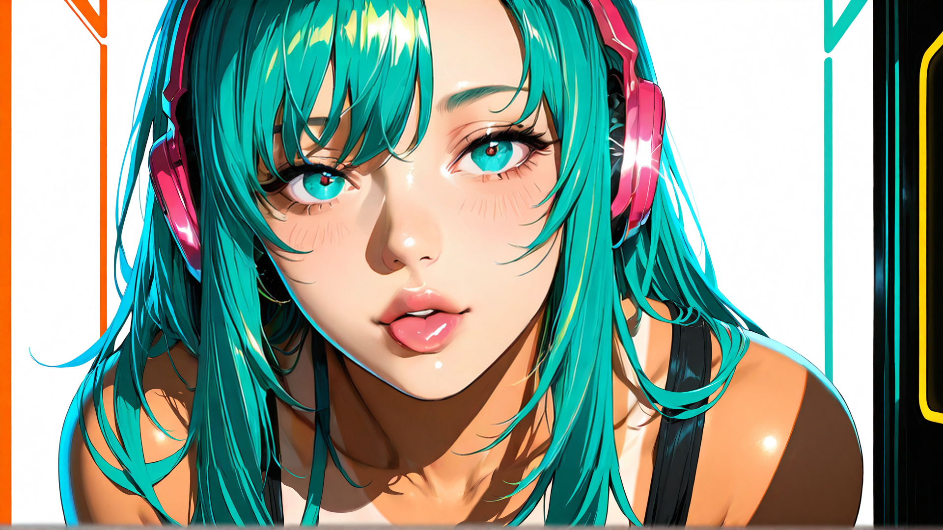 AI generated wallpaper featuring girl, headphones, hair, ears, face, shoulders, skin