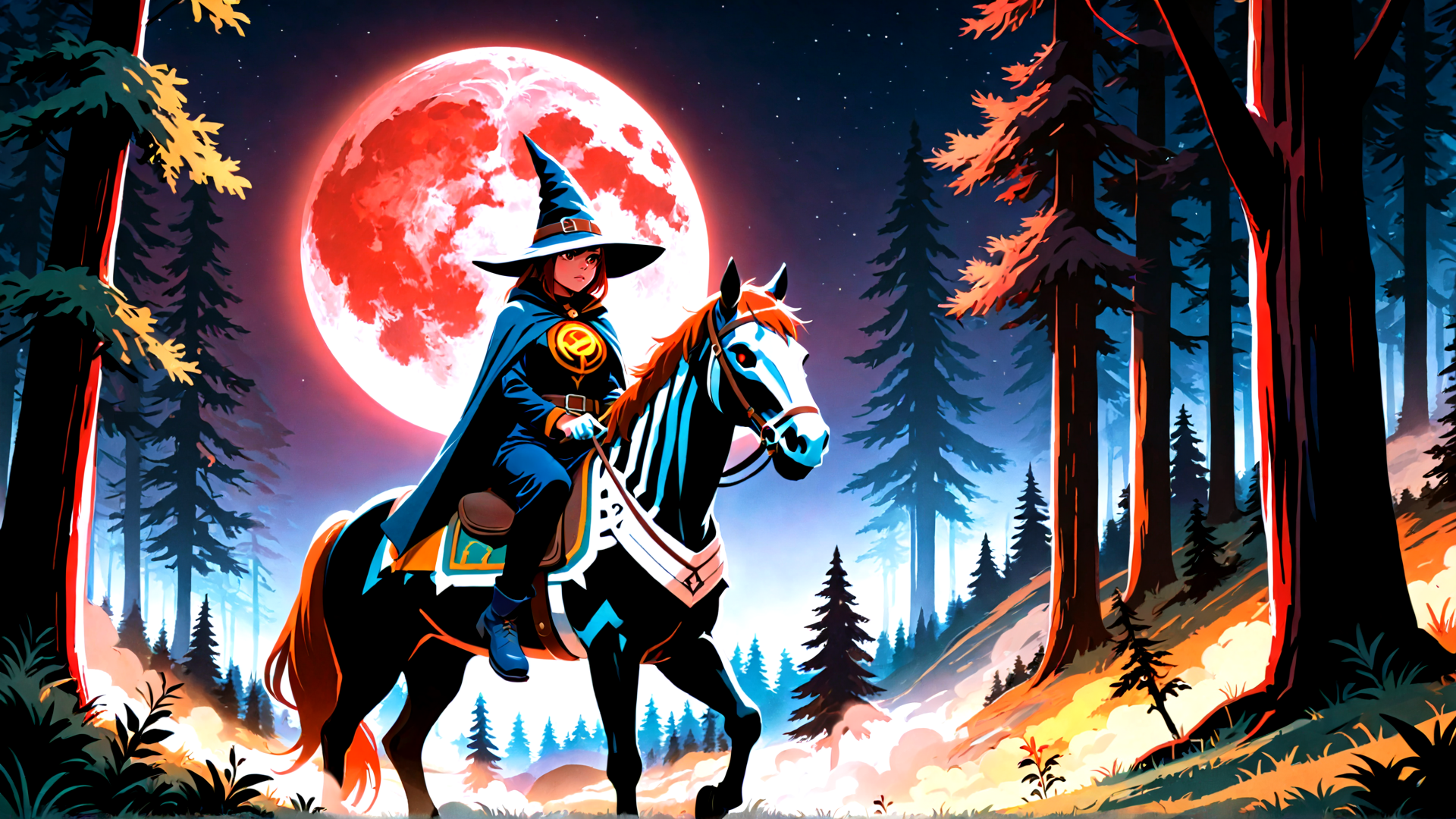 AI generated wallpaper featuring witch, horse, forest, moon