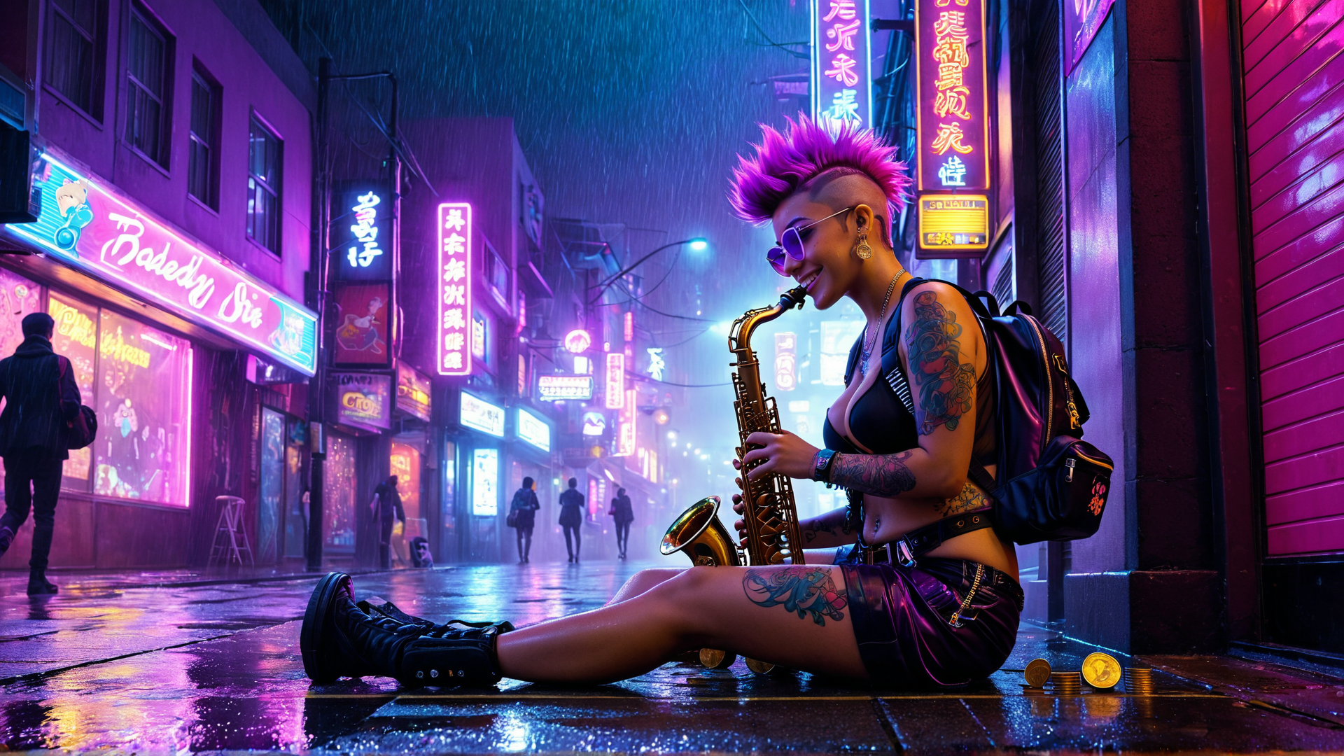 AI generated wallpaper featuring saxophonist, neon, street