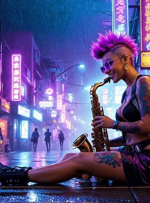 saxophonist, neon, street