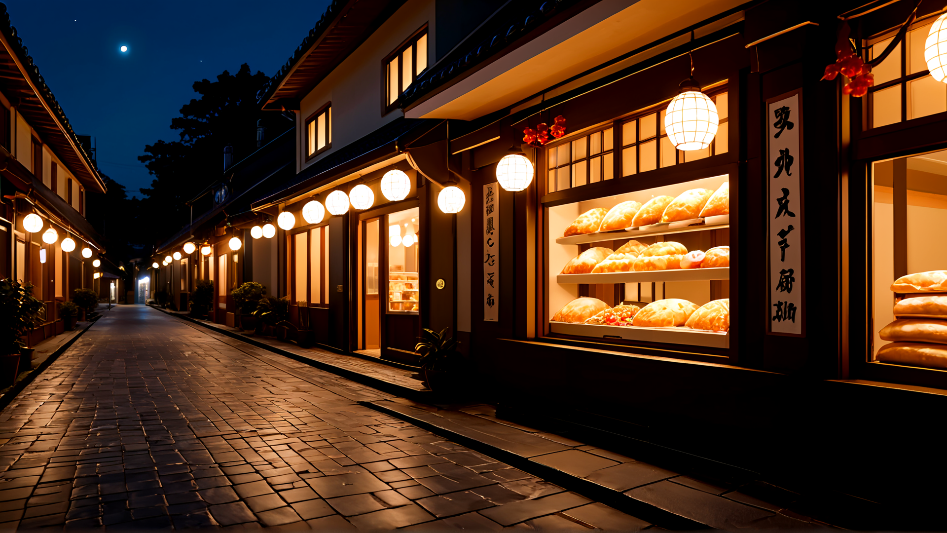 AI generated wallpaper featuring street, bakery, lantern, building, moon, bread, sign, plant, light, stone