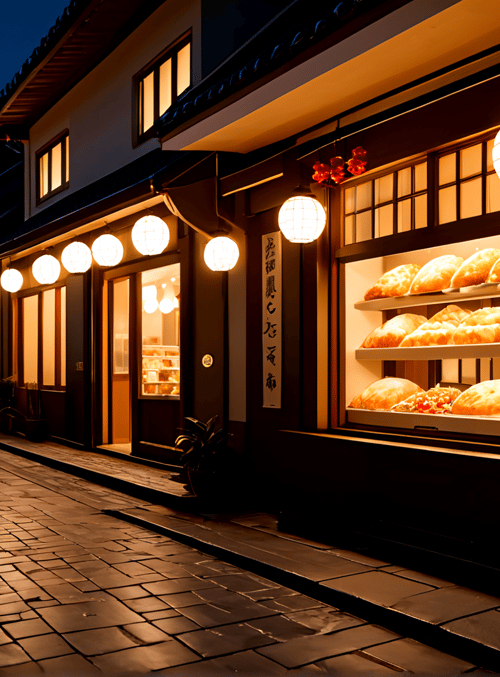 street, bakery, lantern, building, moon, bread, sign, plant, light, stone