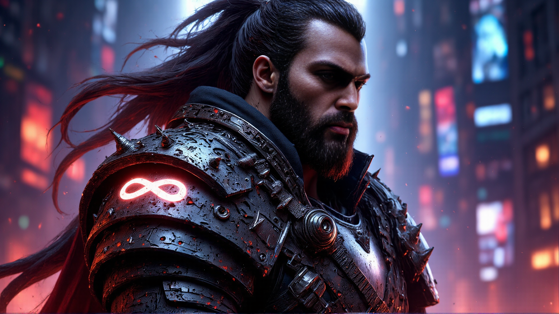 AI generated wallpaper featuring man, armor, cityscape