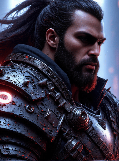 man, armor, cityscape