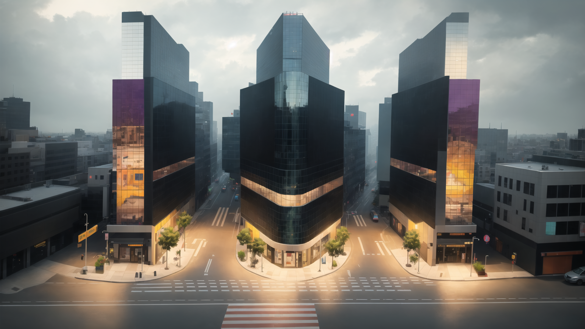 AI generated wallpaper featuring skyscraper, city, building, street, intersection, road, tree, window, light, sky