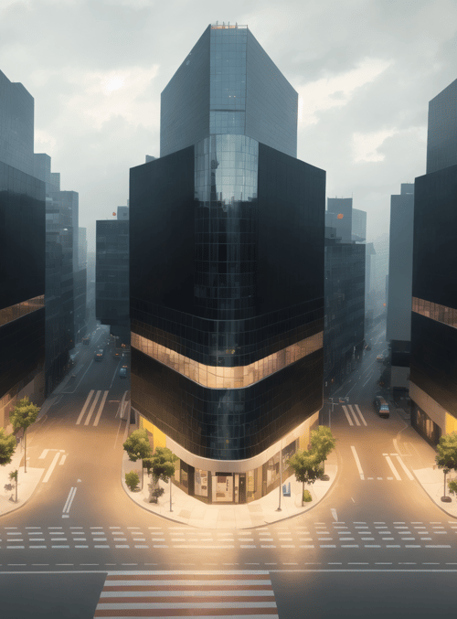 skyscraper, city, building, street, intersection, road, tree, window, light, sky