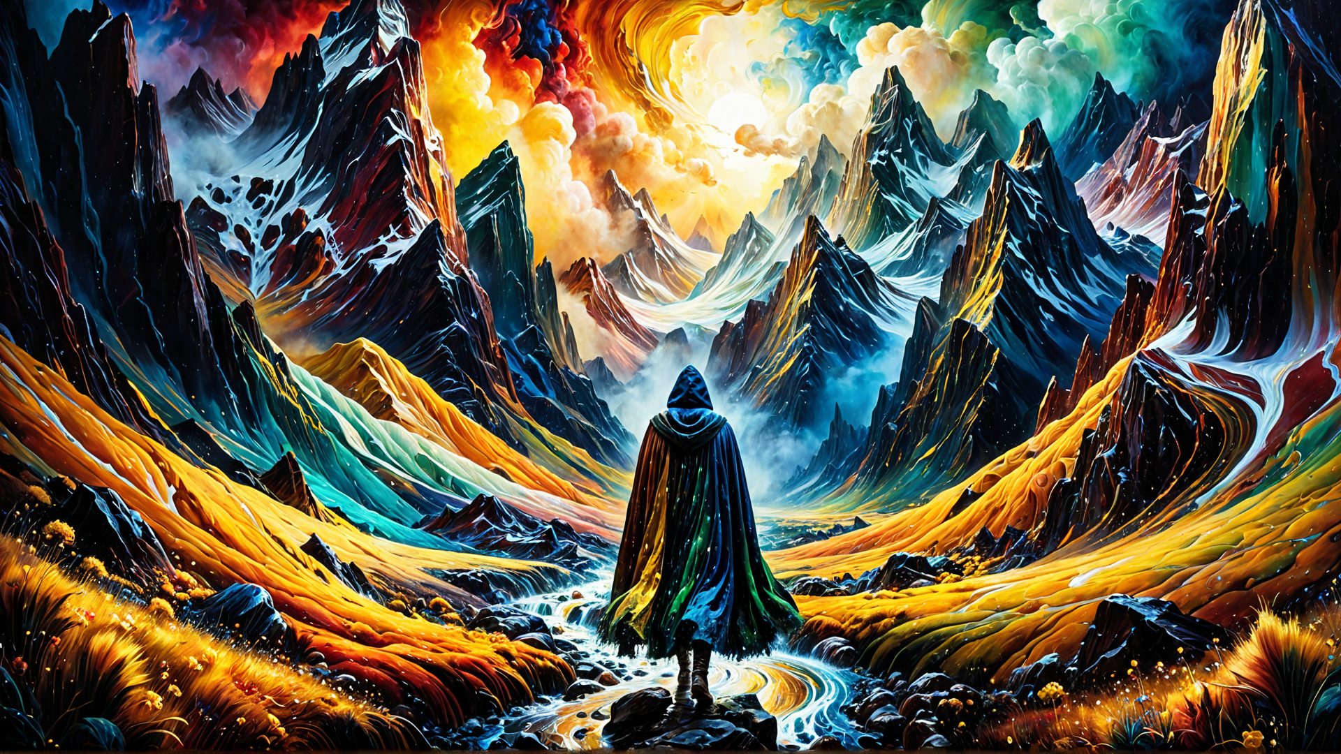 AI generated wallpaper featuring hooded figure, mountains, river, valley, sky, clouds, rocks, grass, flowers, water