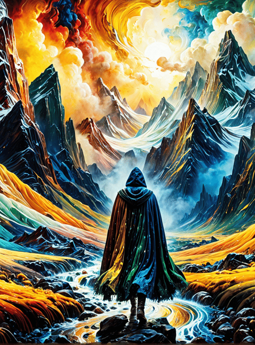 hooded figure, mountains, river, valley, sky, clouds, rocks, grass, flowers, water