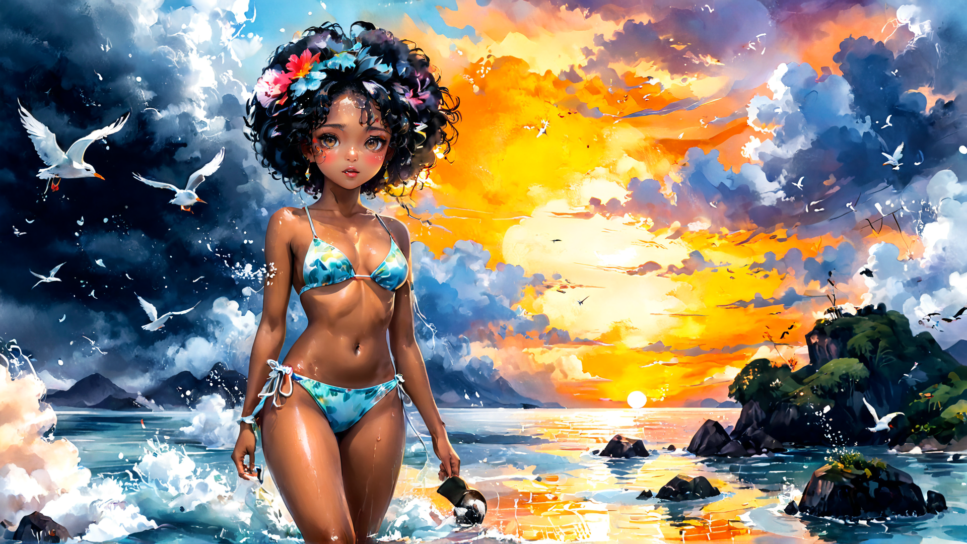 AI generated wallpaper featuring woman, beach, sun