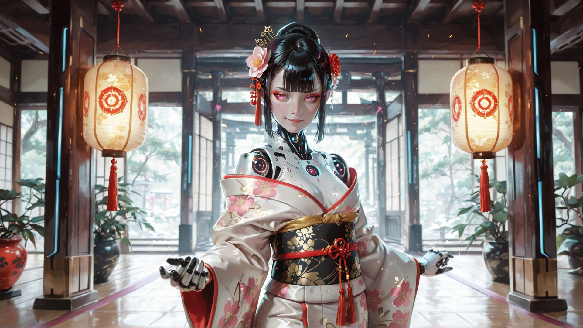 AI generated wallpaper featuring robot, geisha, lantern, kimono, cherry blossom, traditional, garden, lanterns, robotic, hands