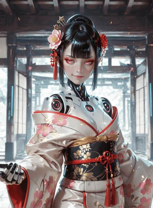 robot, geisha, lantern, kimono, cherry blossom, traditional, garden, lanterns, robotic, hands