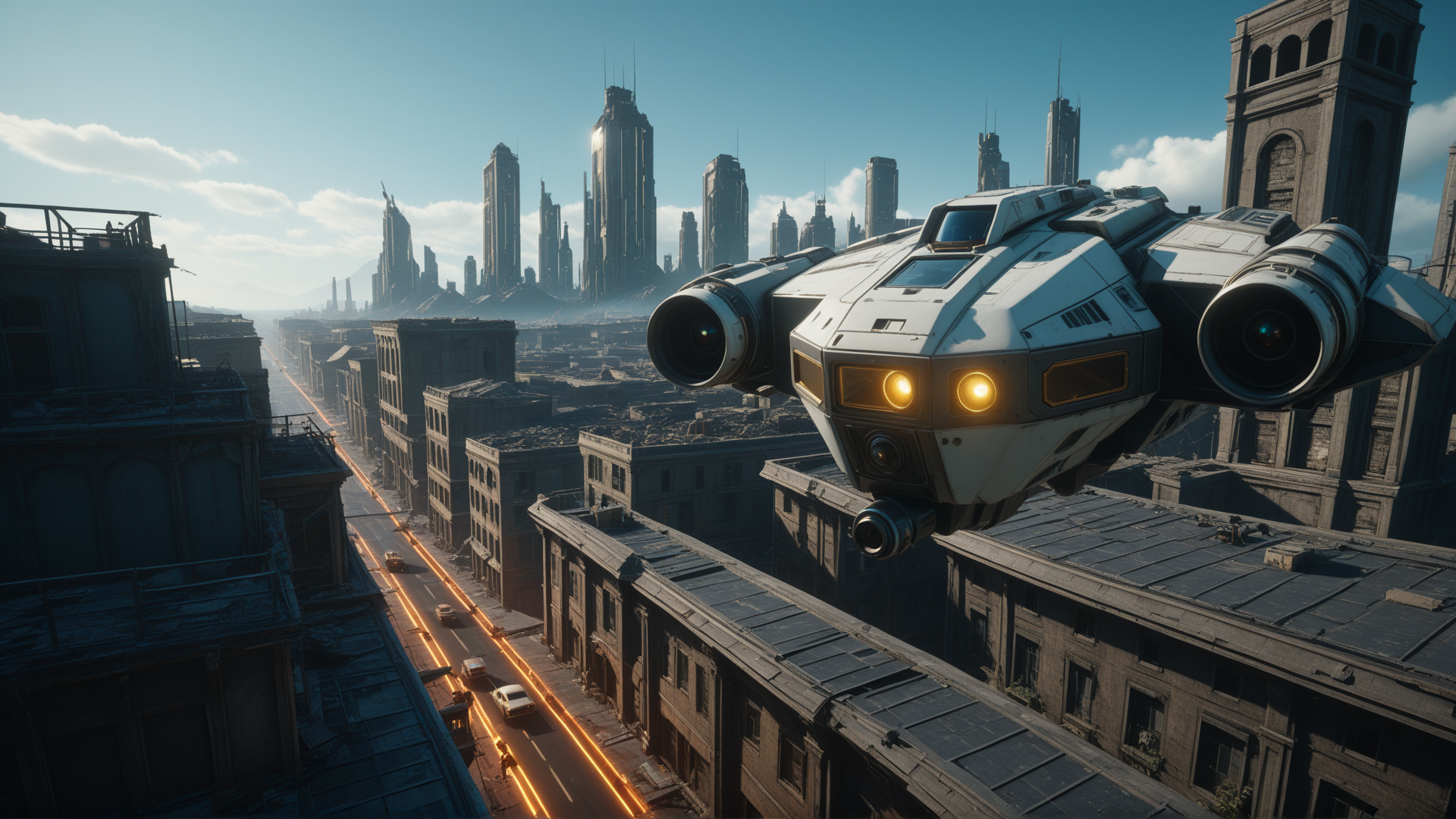 AI generated wallpaper featuring spaceship, cityscape, skyscrapers, buildings, street