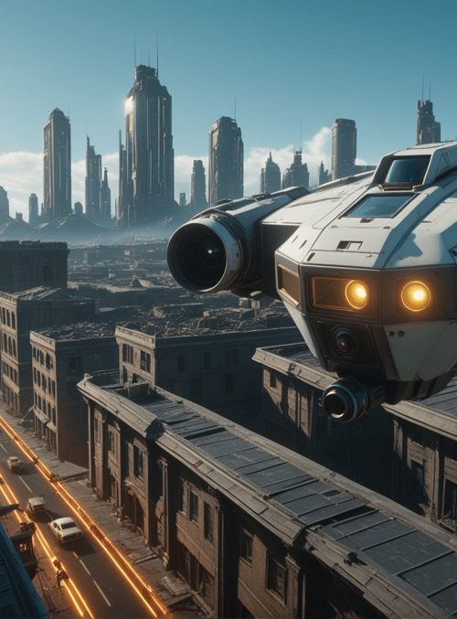 spaceship, cityscape, skyscrapers, buildings, street