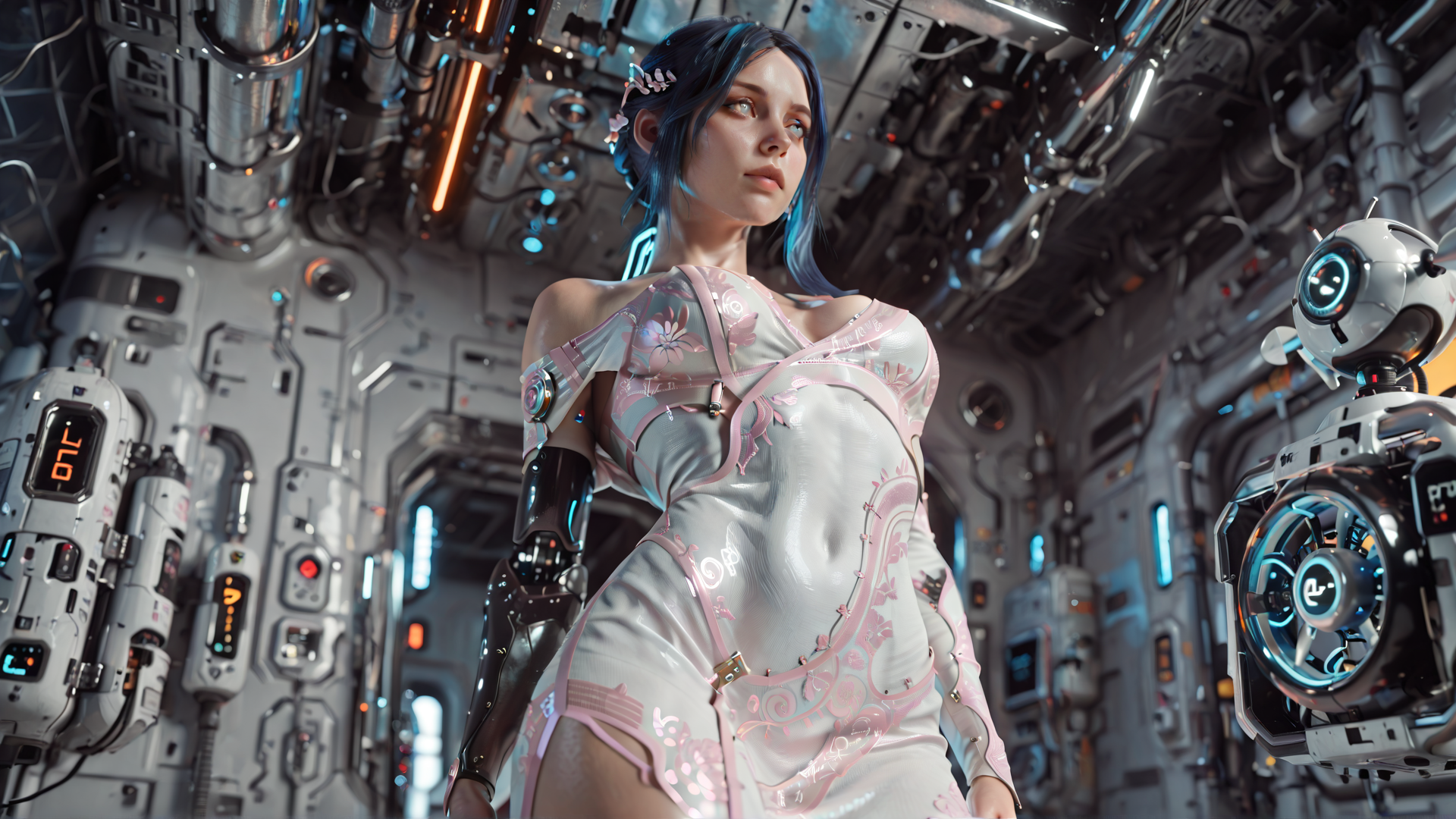 AI generated wallpaper featuring woman, cyborg, robot, spaceship, futuristic, dress, hair, gears, lights, machinery