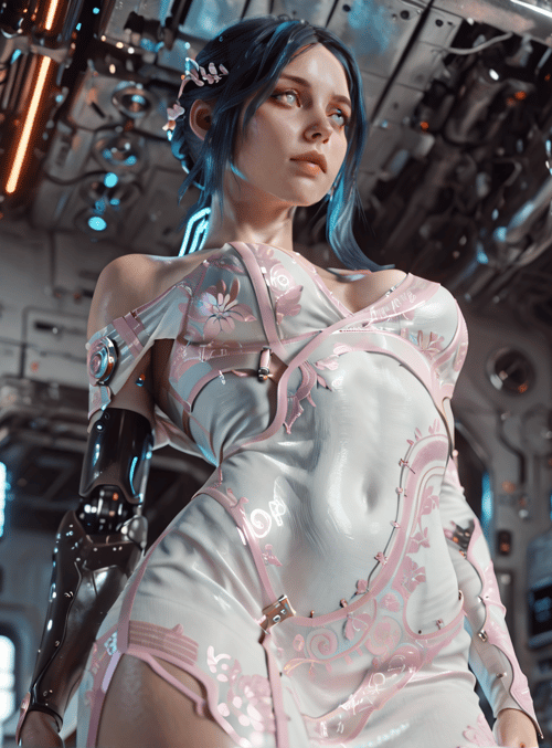 woman, cyborg, robot, spaceship, futuristic, dress, hair, gears, lights, machinery
