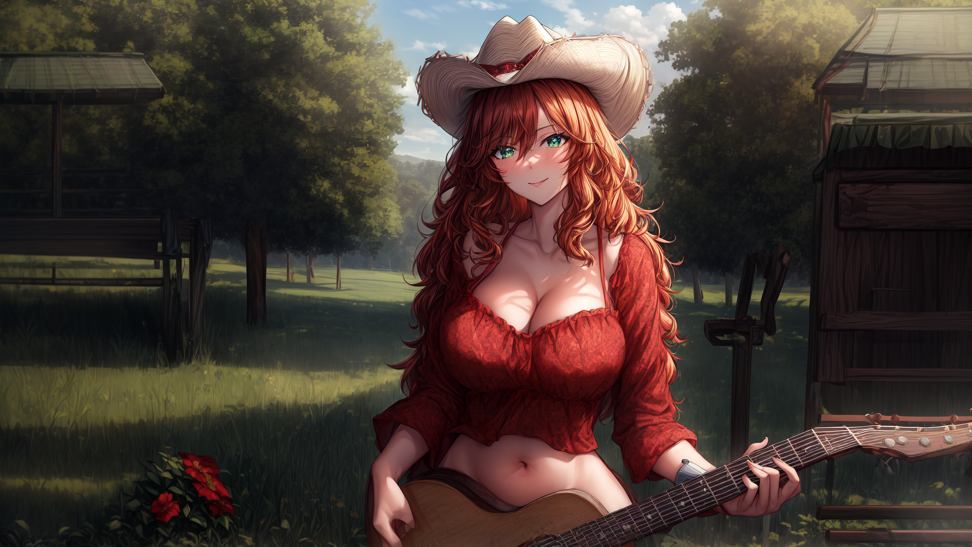 AI generated wallpaper featuring cowgirl, guitar, woman