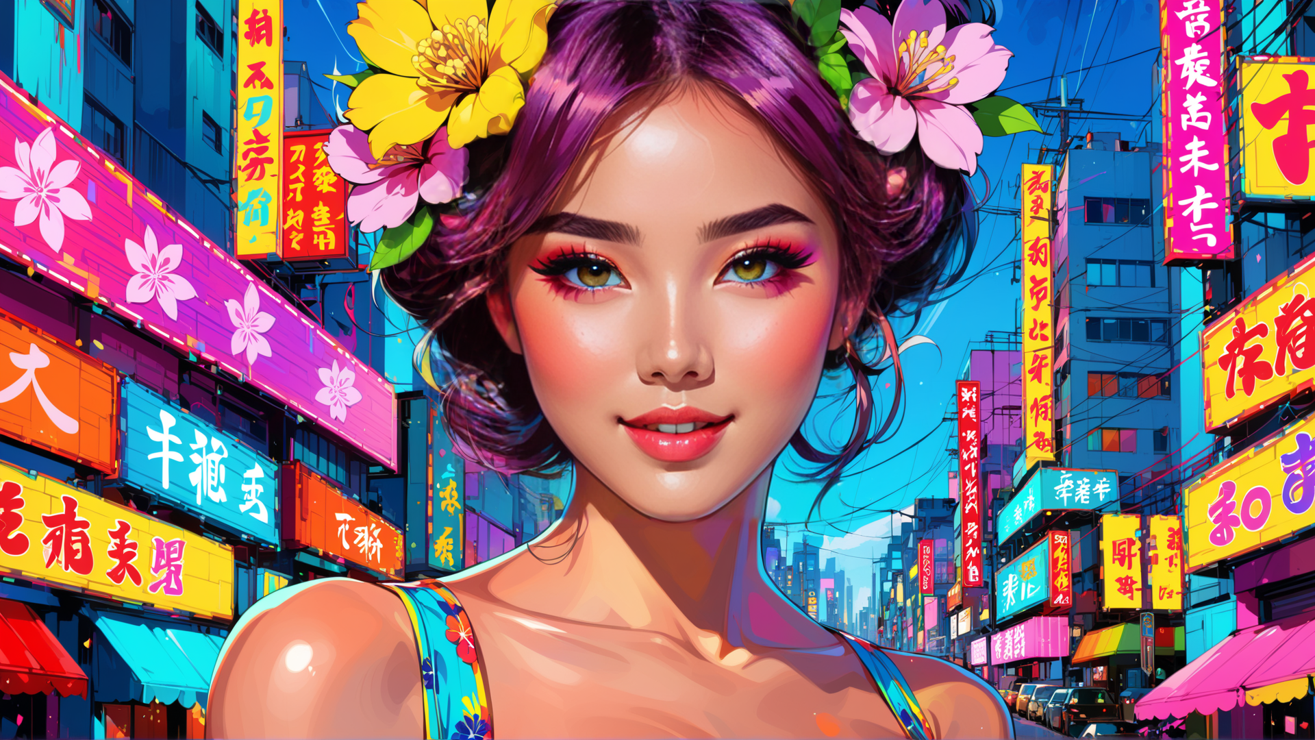 AI generated wallpaper featuring woman, flowers, cityscape