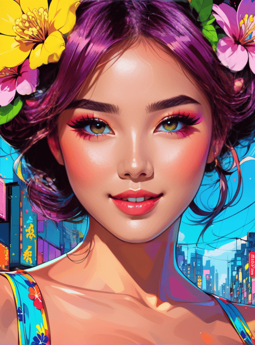 woman, flowers, cityscape
