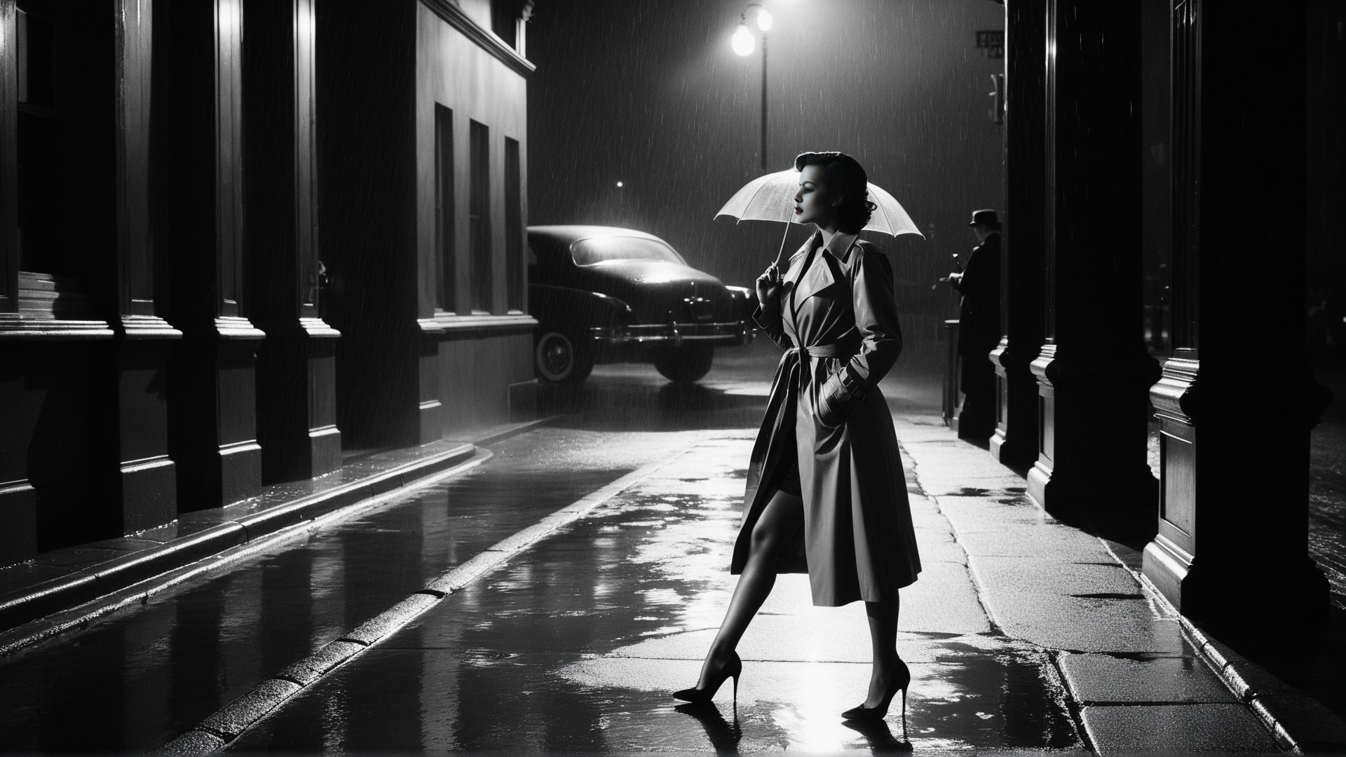 AI generated wallpaper featuring woman, umbrella, car