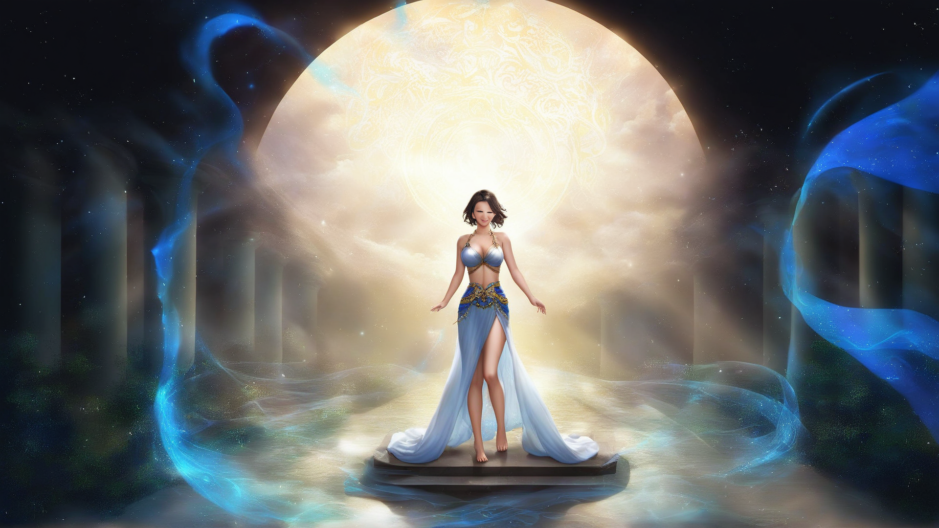 AI generated wallpaper featuring woman, moon, columns