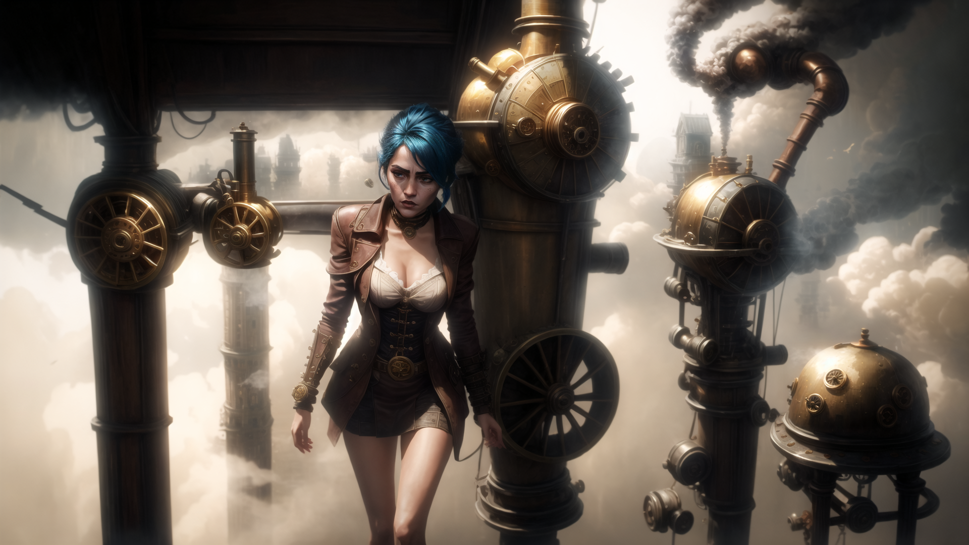 AI generated wallpaper featuring woman, steampunk, mechanical, cityscape, pipes