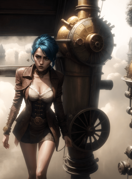 woman, steampunk, mechanical, cityscape, pipes