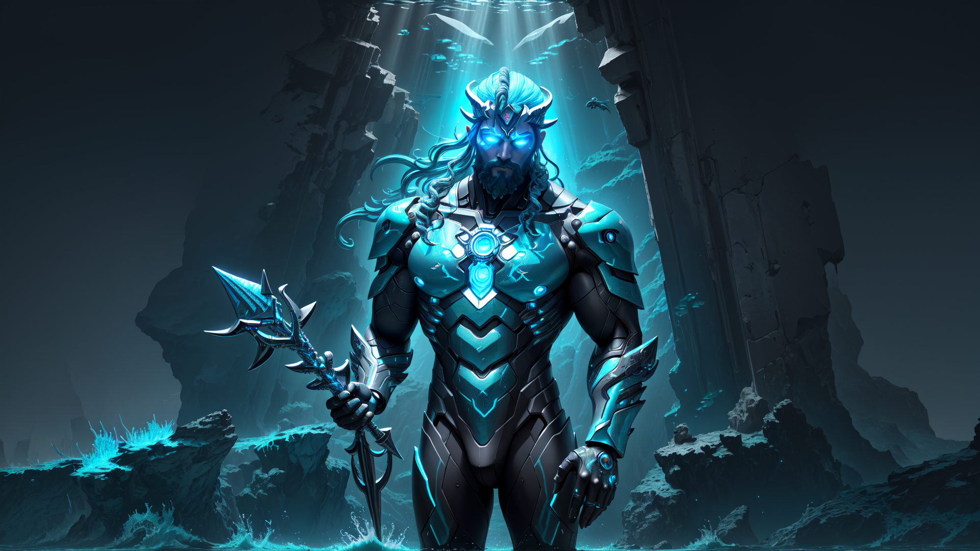 AI generated wallpaper featuring aquaman, underwater, armor
