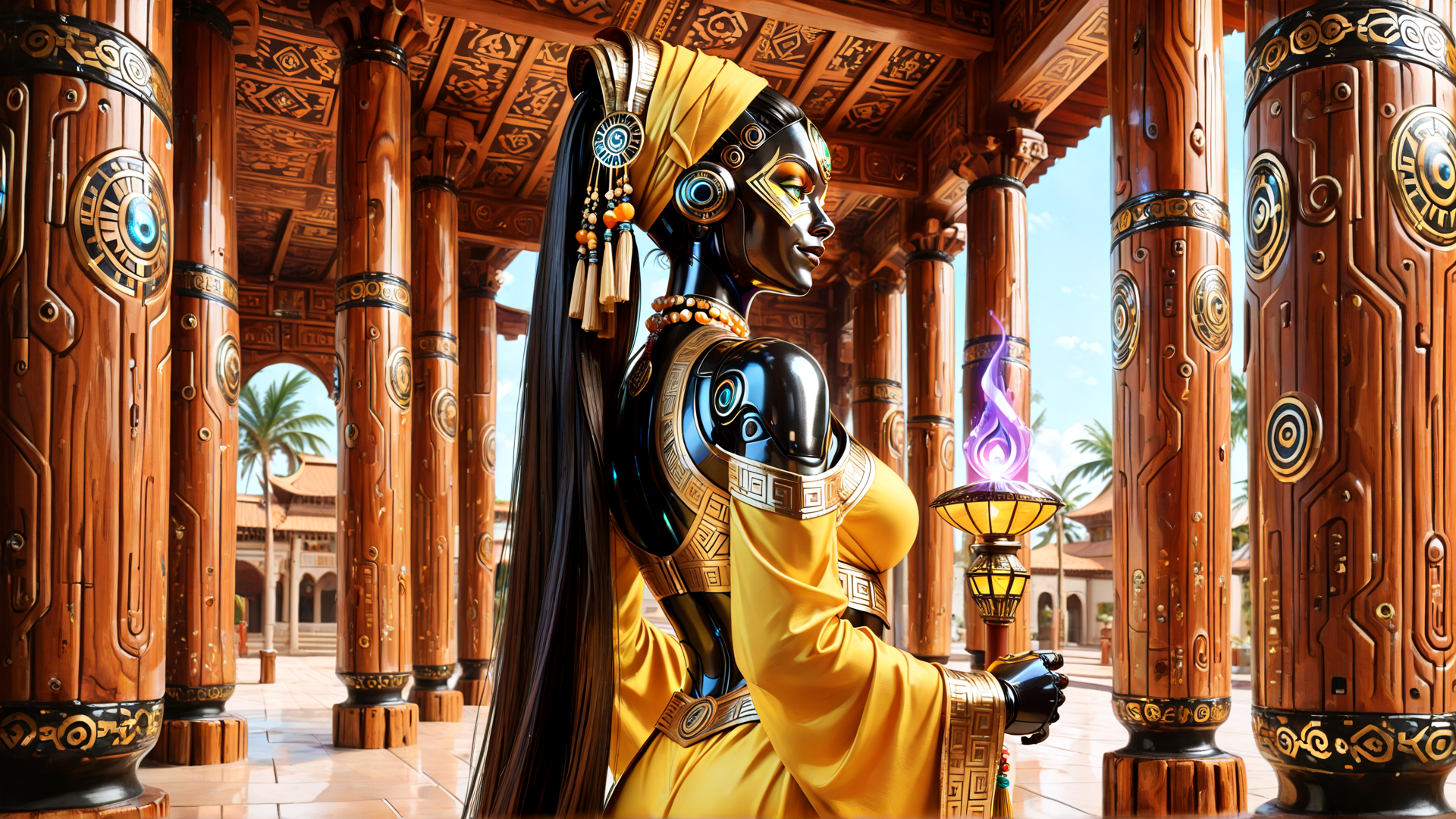 AI generated wallpaper featuring woman, robot, columns, lantern, headdress, jewelry, building, fire, hood, turban