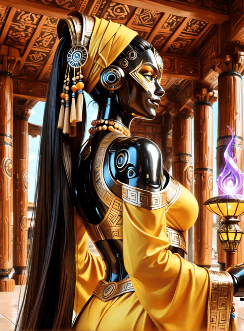 woman, robot, columns, lantern, headdress, jewelry, building, fire, hood, turban