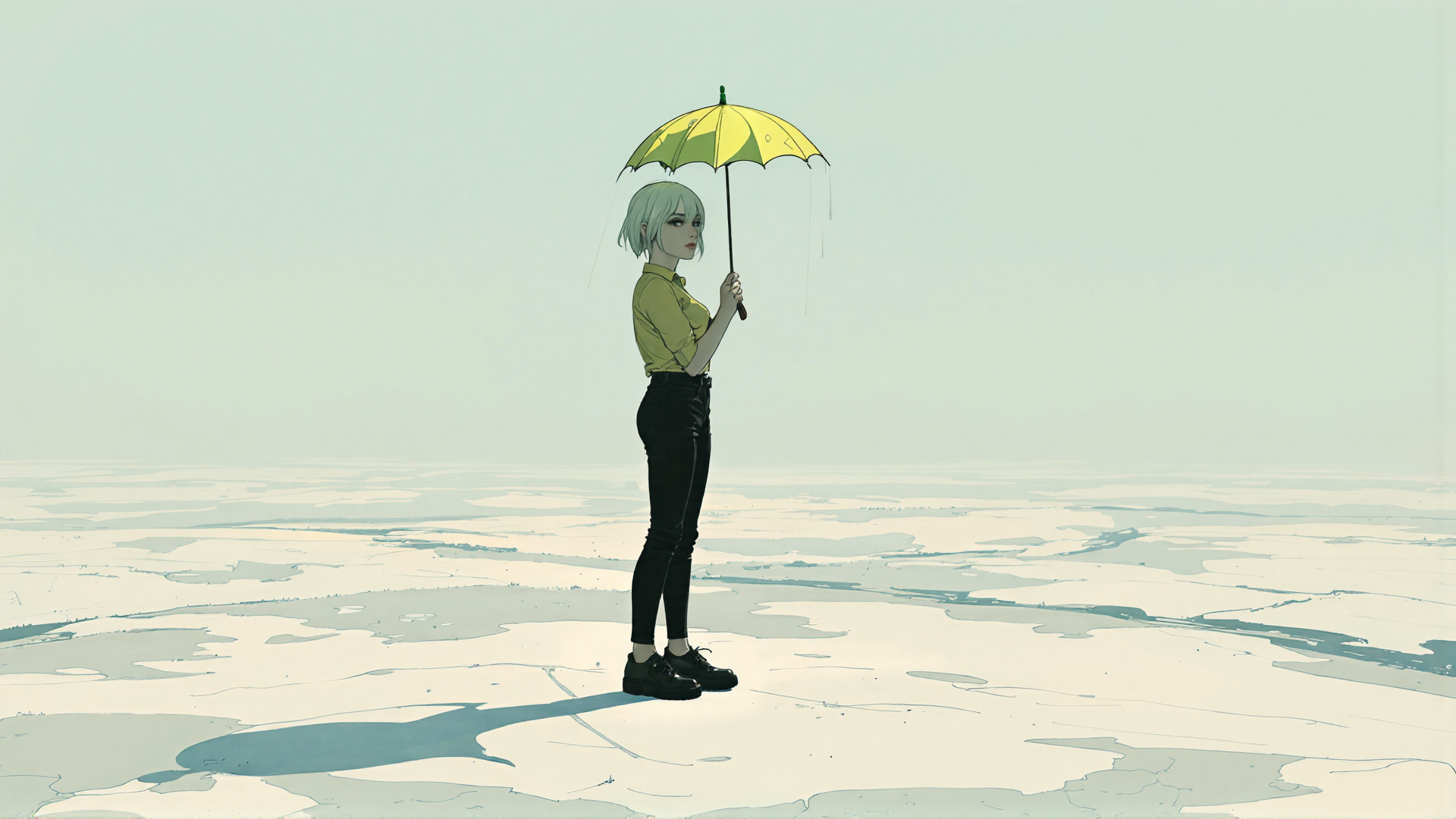 AI generated wallpaper featuring woman, umbrella, desert, ground, rain, shoes, pants, shirt