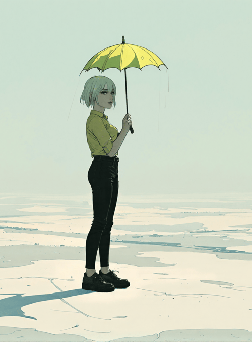 woman, umbrella, desert, ground, rain, shoes, pants, shirt
