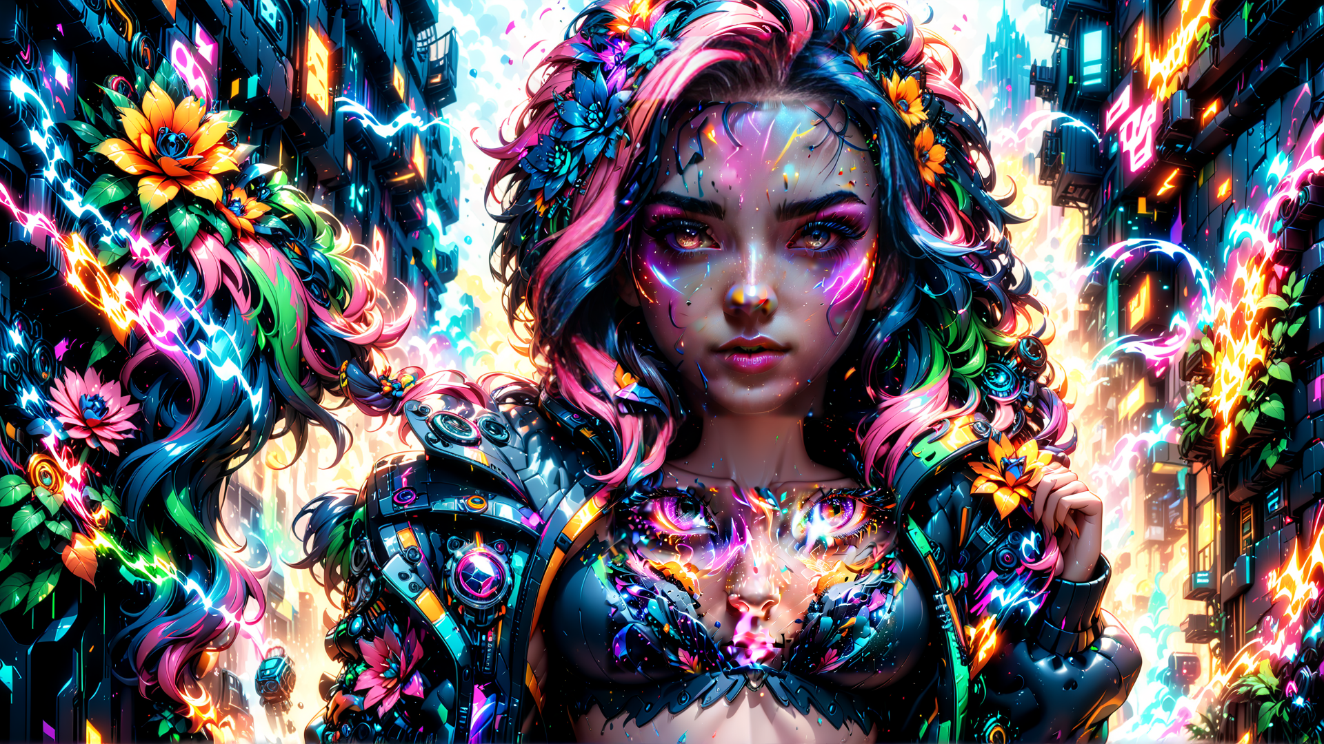 AI generated wallpaper featuring woman, cyberpunk, flower