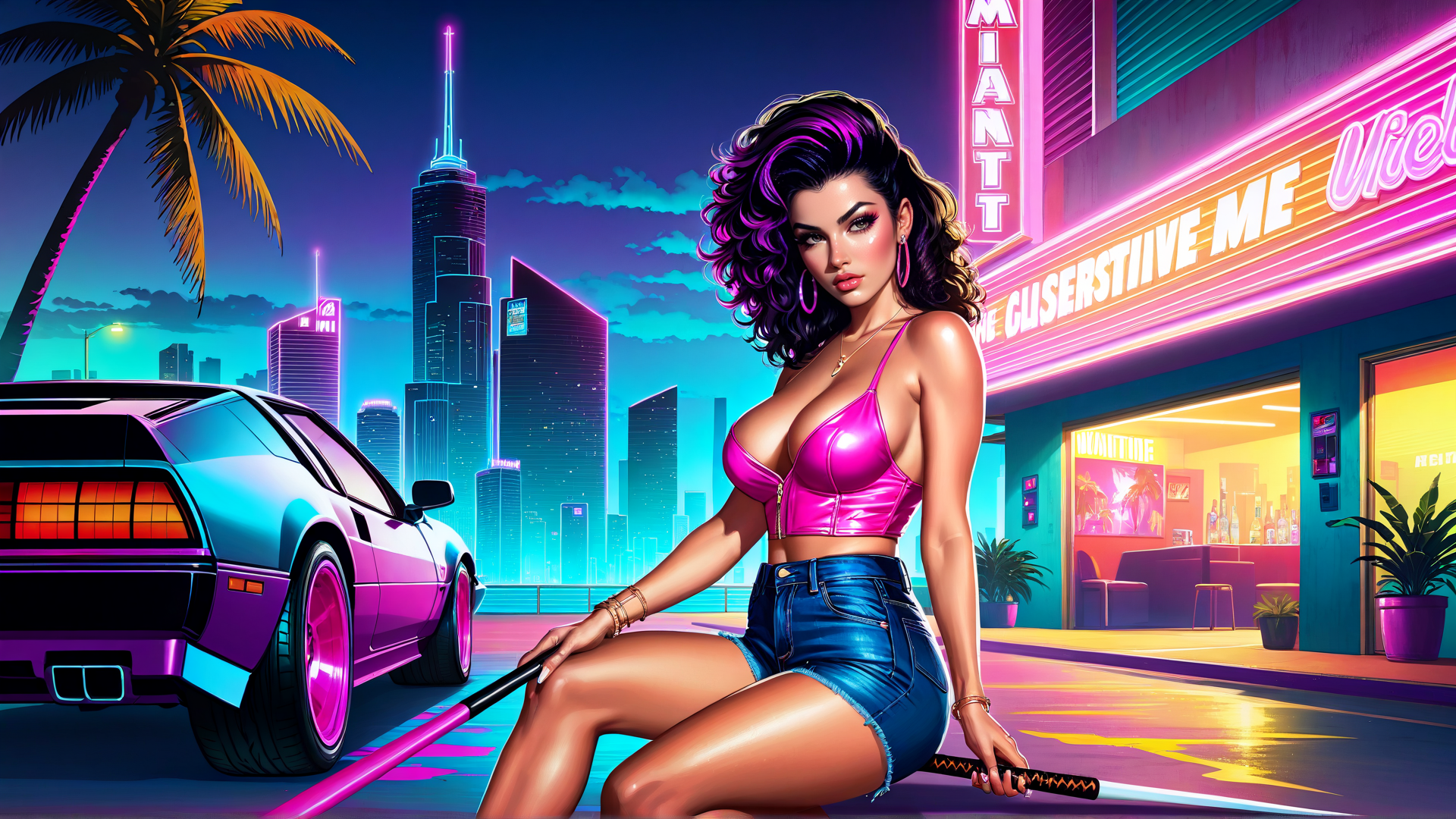 AI generated wallpaper featuring woman, car, neon sign