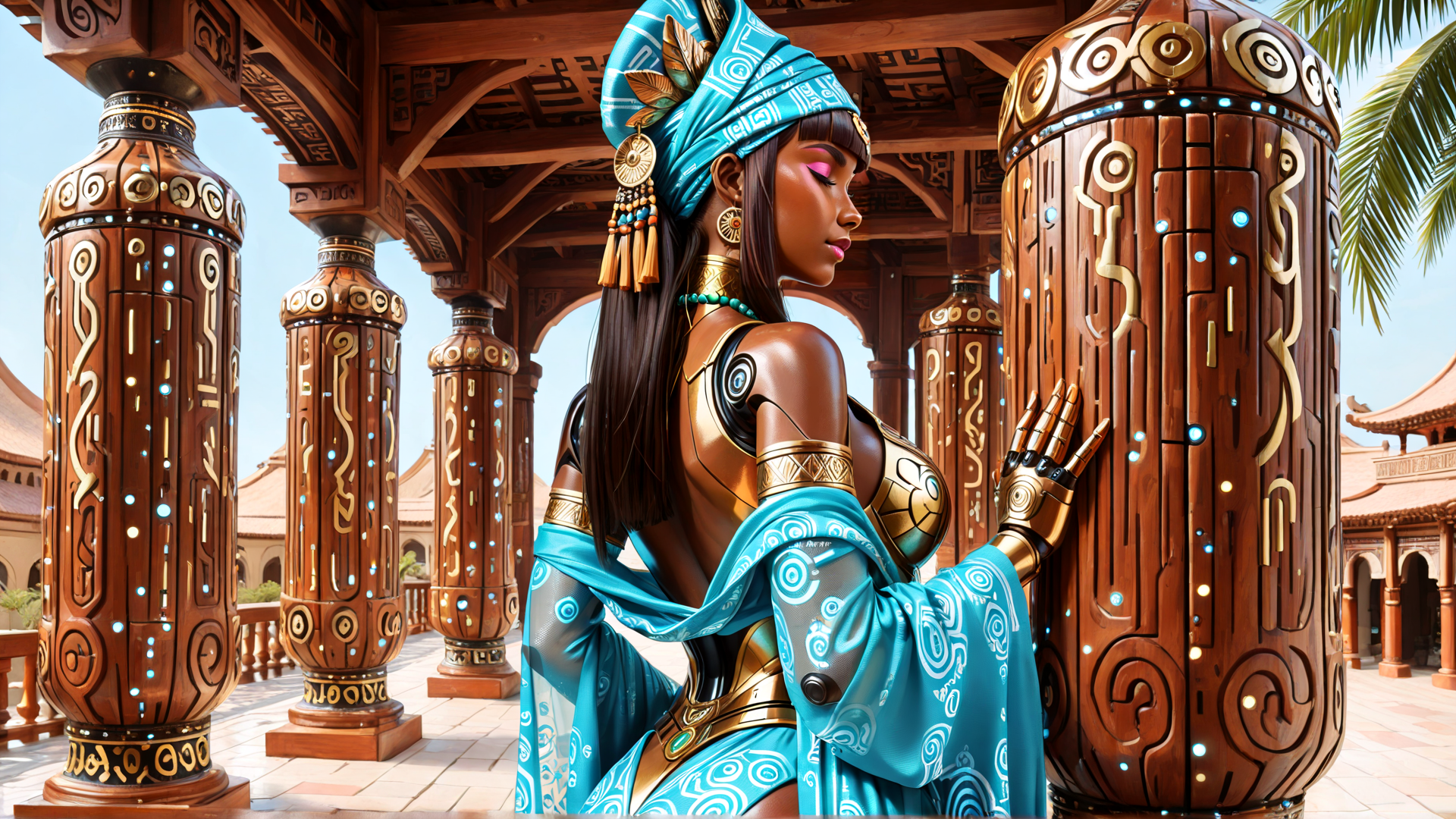 AI generated wallpaper featuring woman, robot, columns, headwrap, eaves, pendant, gloves, clothing, architectural, symbols