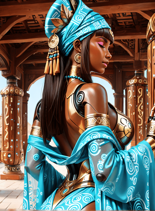 woman, robot, columns, headwrap, eaves, pendant, gloves, clothing, architectural, symbols