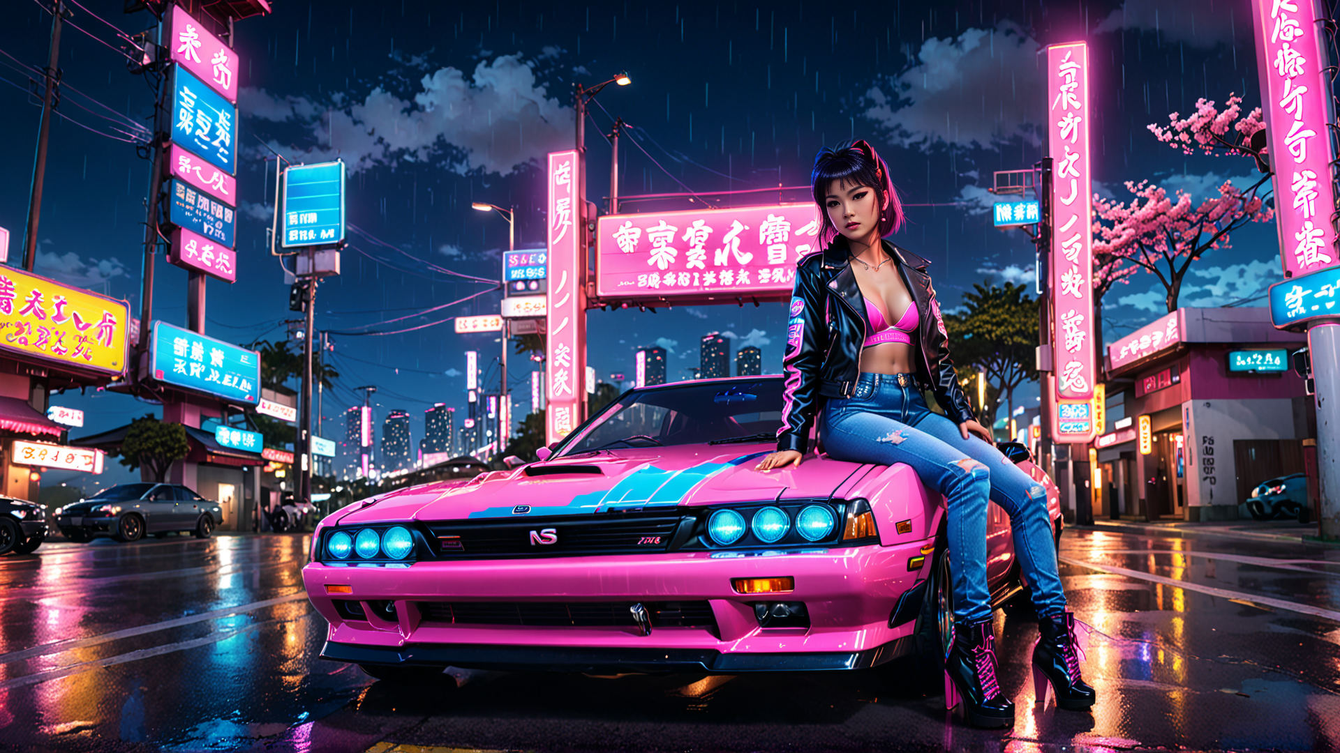 AI generated wallpaper featuring woman, car, neon