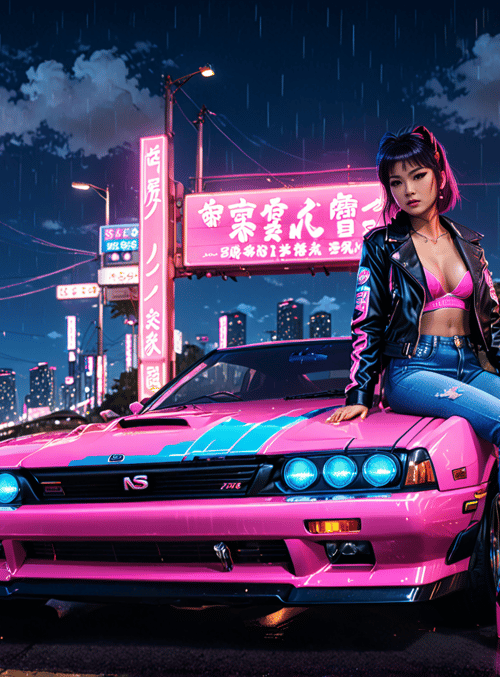 woman, car, neon