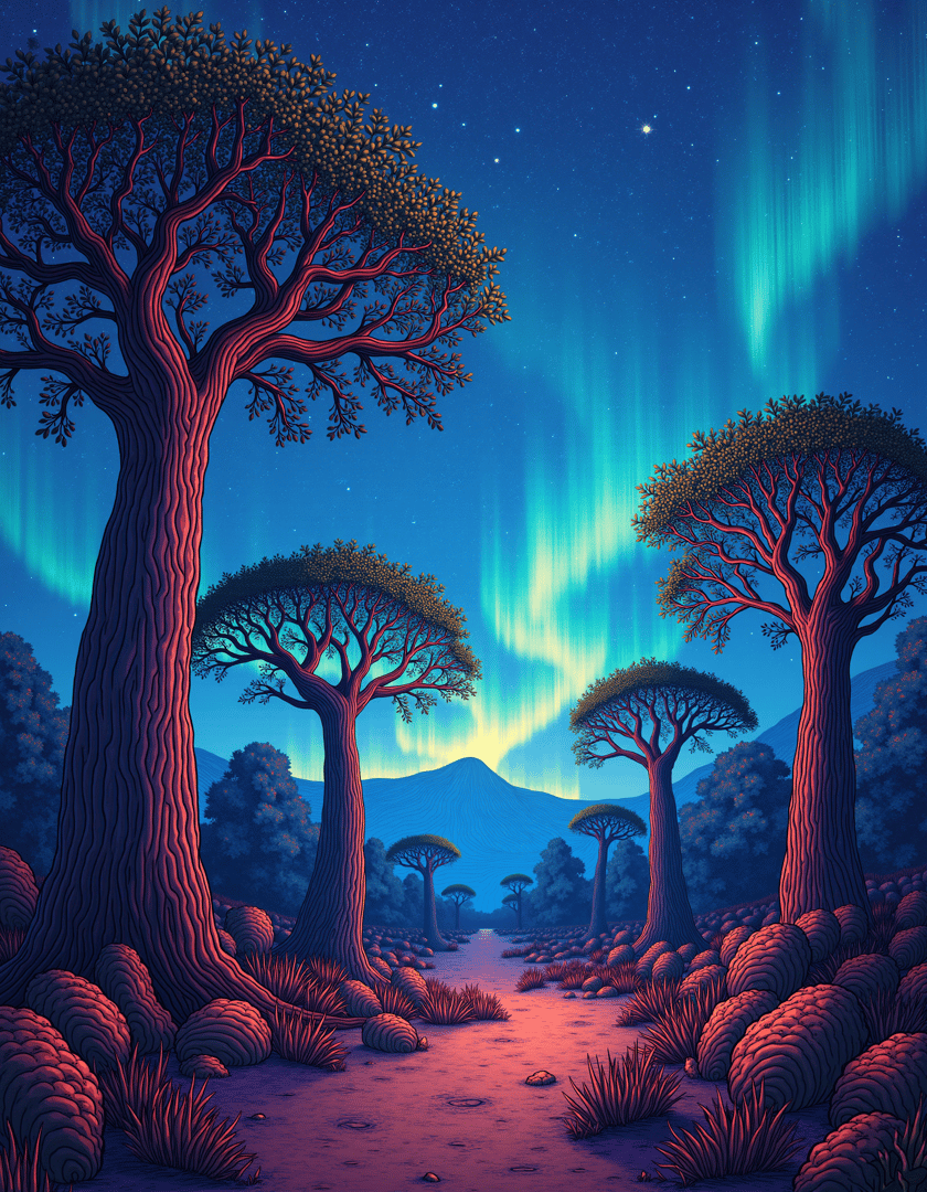 AI generated wallpaper featuring trees, aurora, path