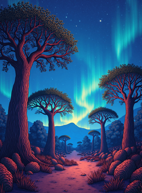 trees, aurora, path
