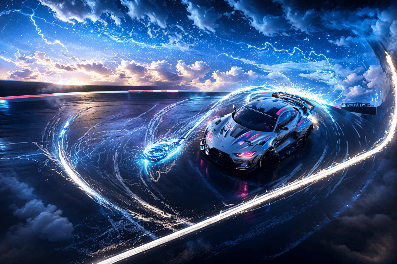 AI generated wallpaper featuring sports car, glowing trail, racing