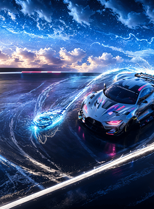 sports car, glowing trail, racing