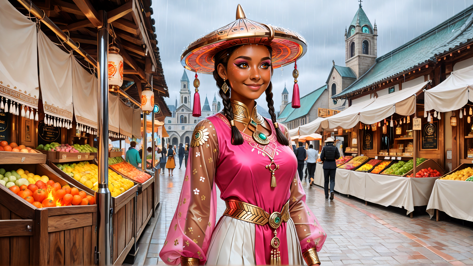 AI generated wallpaper featuring woman, market, fruit, hat, dress, braid, building, marketplace, street, person