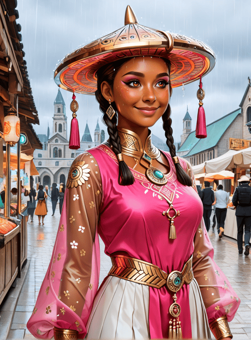 woman, market, fruit, hat, dress, braid, building, marketplace, street, person