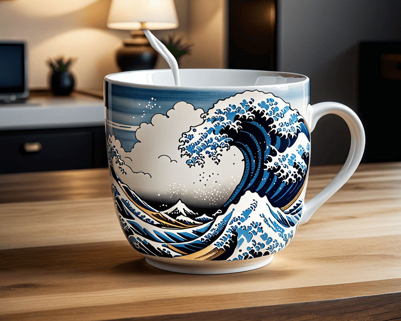 AI generated wallpaper featuring mug, wave, mountain
