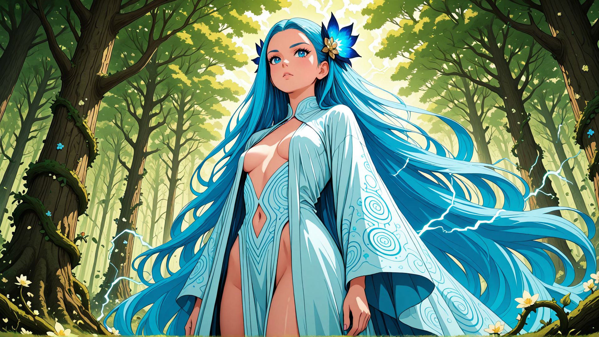 AI generated wallpaper featuring woman, forest, nature, goddess
