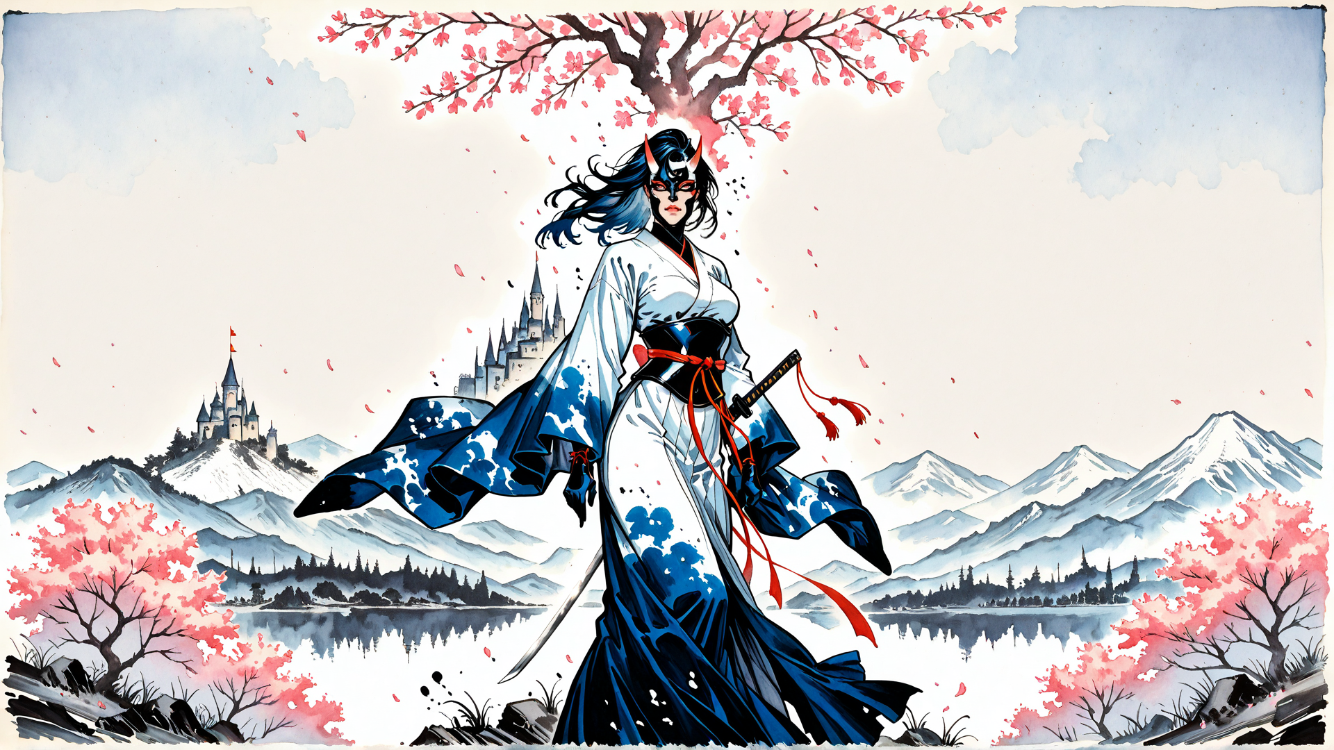 AI generated wallpaper featuring samurai, woman, cherry tree, castle, mountains, sword, kimono, masks, sakura, lake