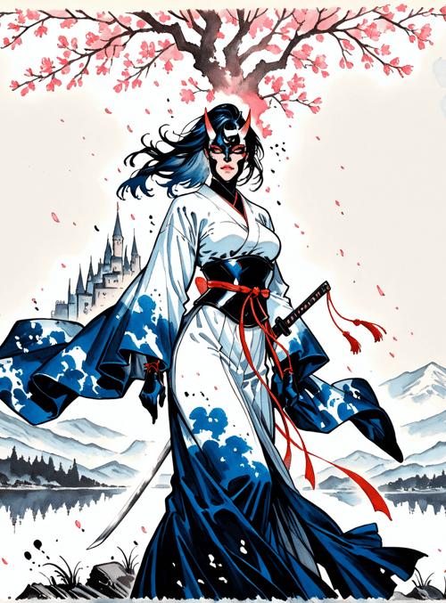 samurai, woman, cherry tree, castle, mountains, sword, kimono, masks, sakura, lake