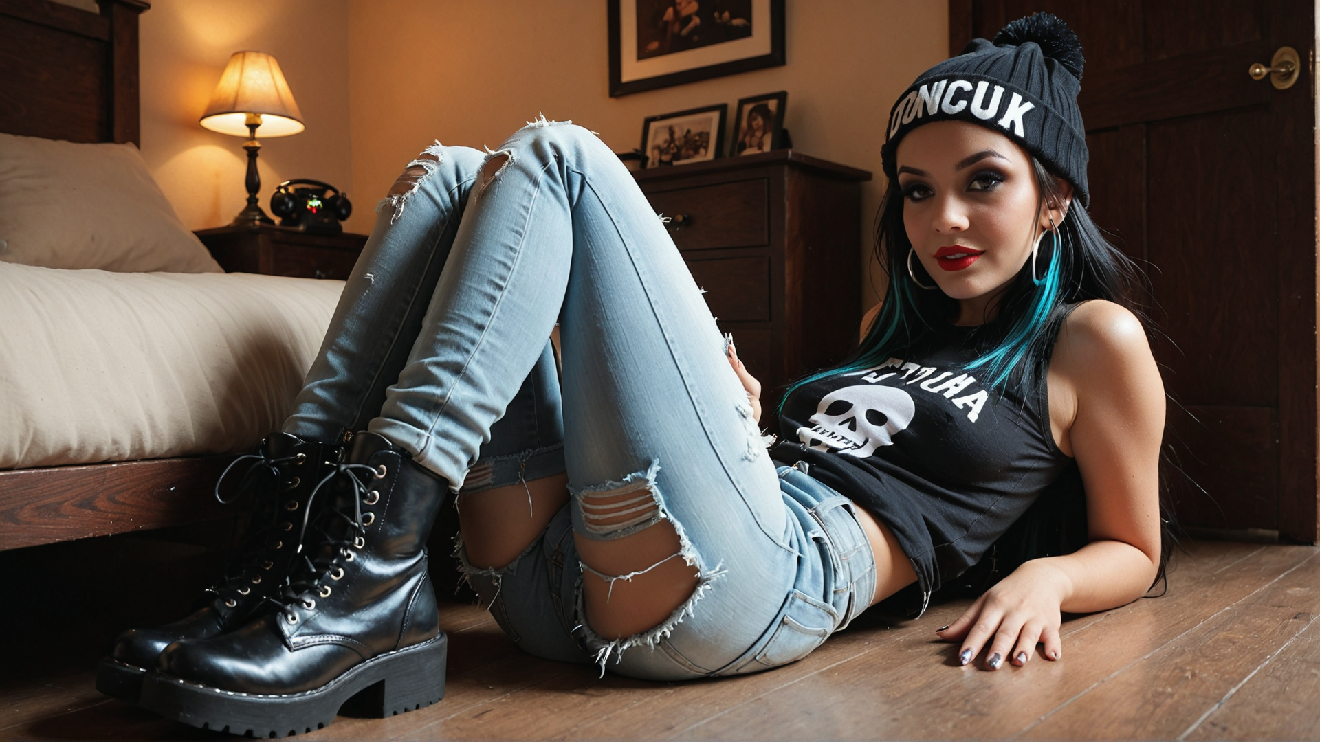 AI generated wallpaper featuring woman, jeans, boots, beanie, tank top
